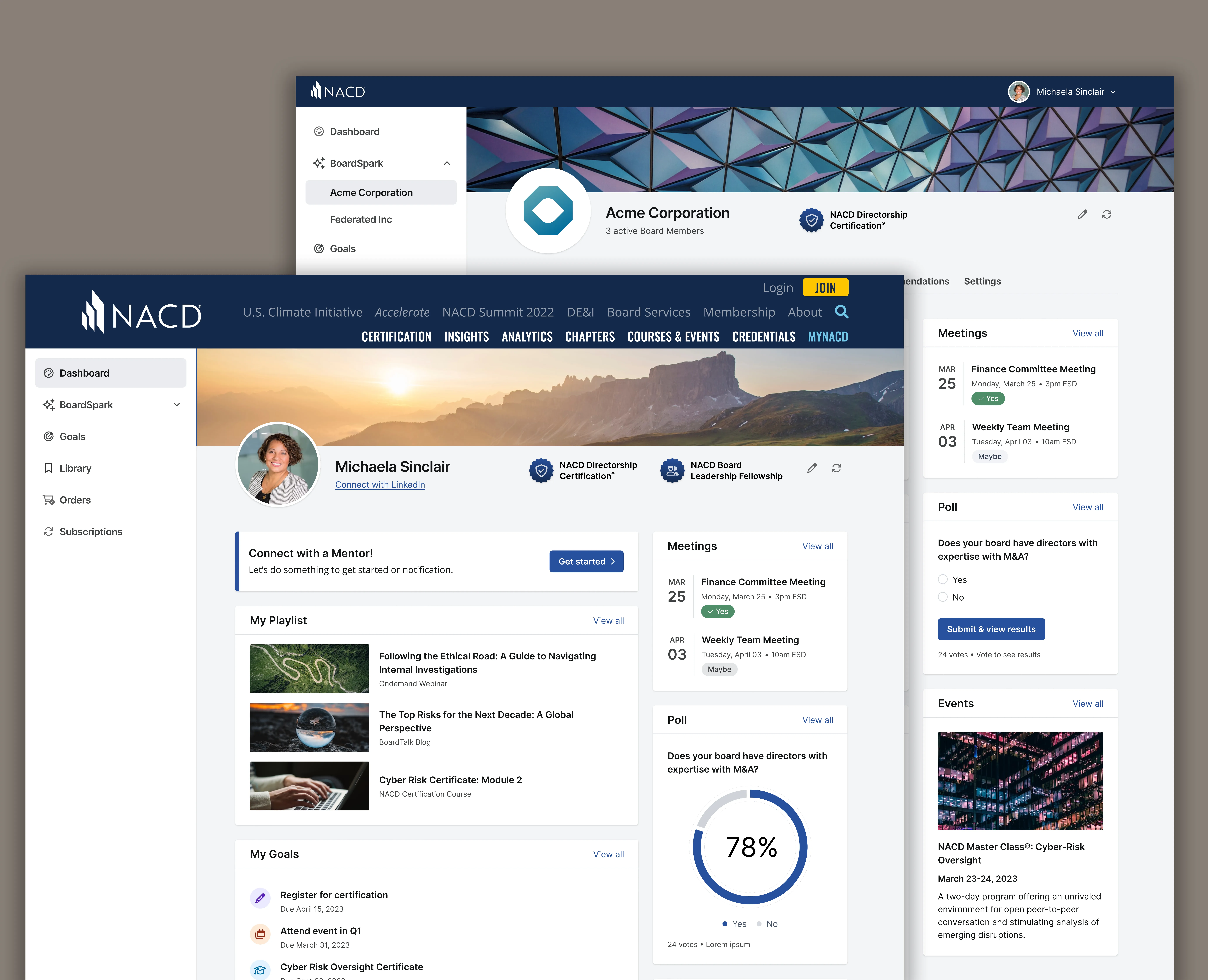 NACD Board Spark member home and company dashboard with content, meetings, and participation status.
