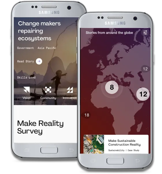 Mobile PMI experience showing change-maker stories, a world map, and a survey.