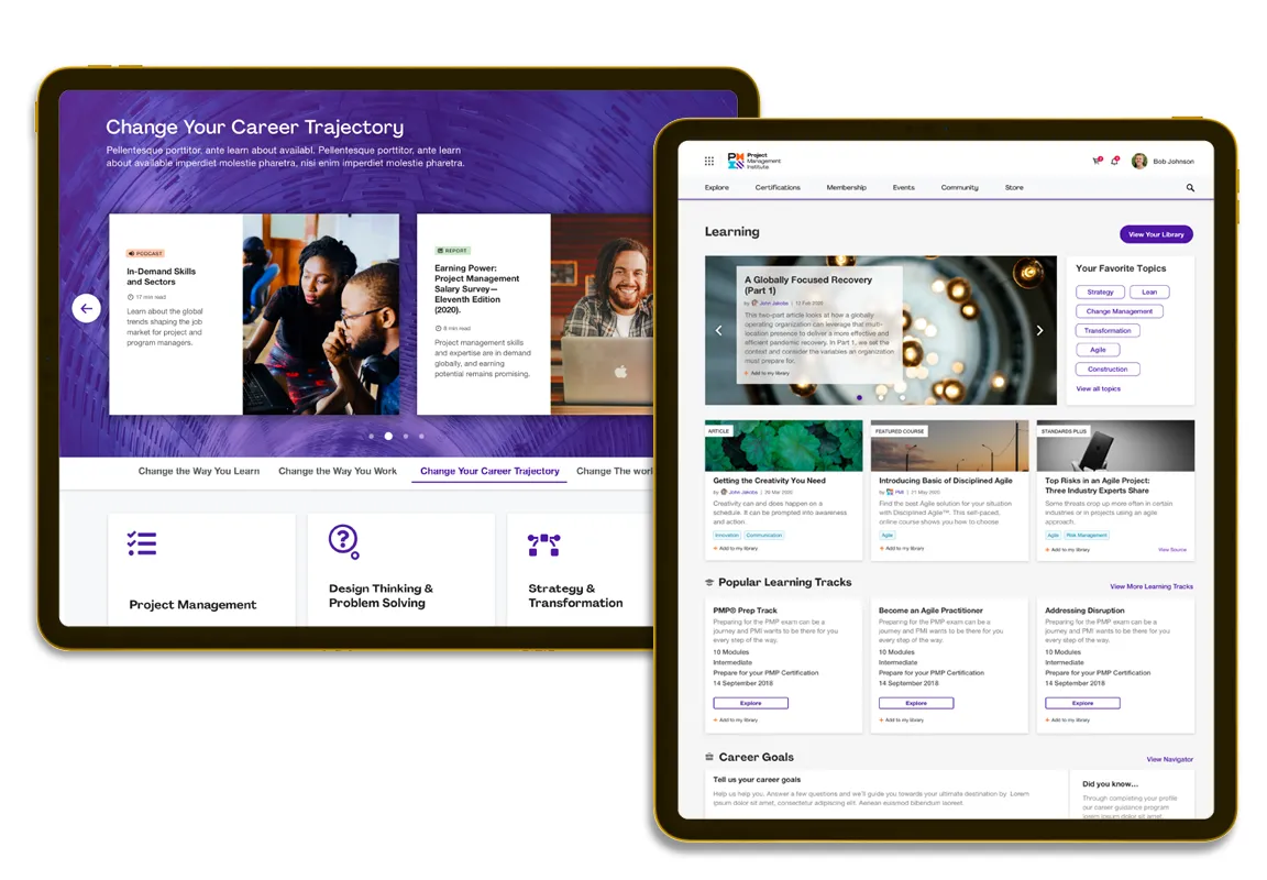 PMI career and learning pages with course recommendations and professional-development content.