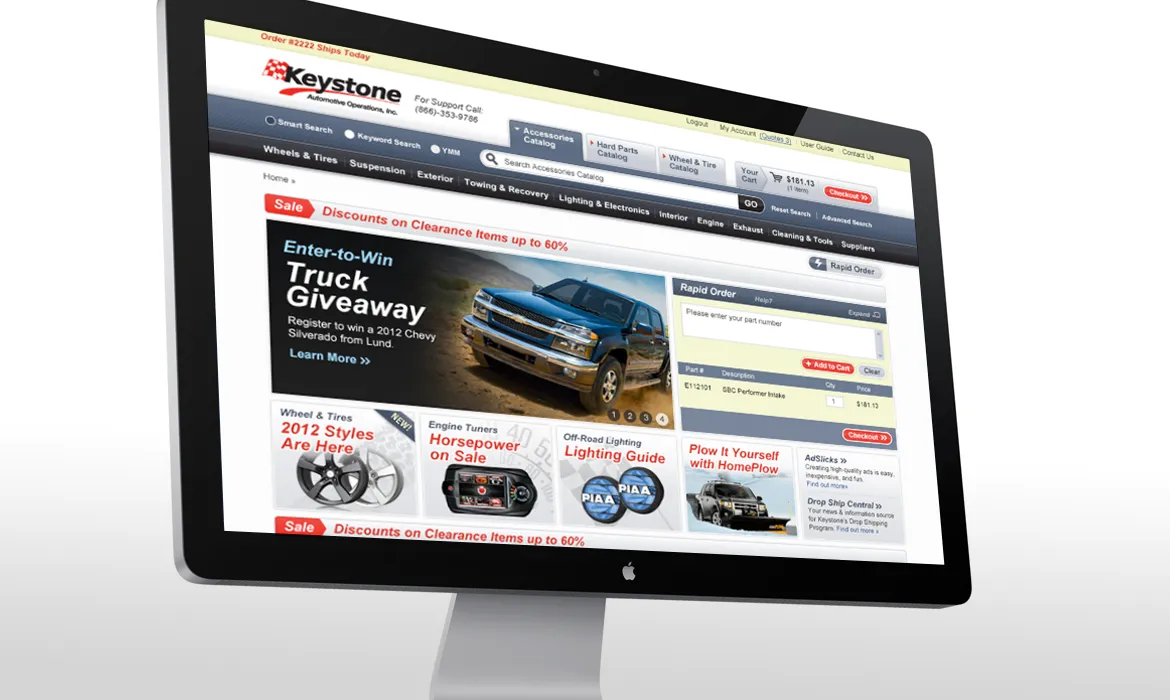 Keystone Automotive shopping site with category navigation, product search, and promotions.