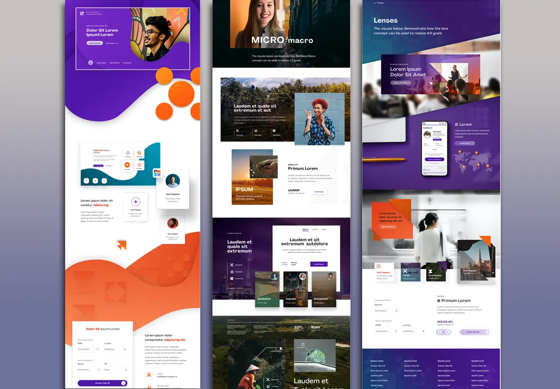 Three long-form PMI marketing design concepts using distinct typography, color, and content arrangements.