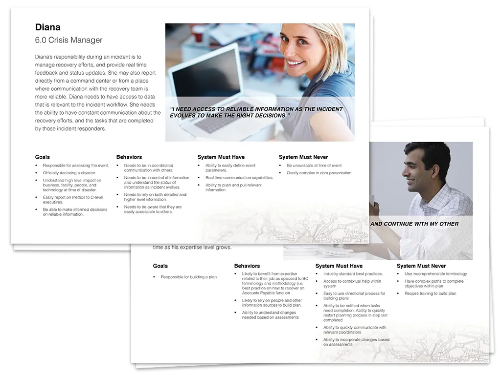 Research persona documents with goals, behaviors, and system requirements for crisis-management users.