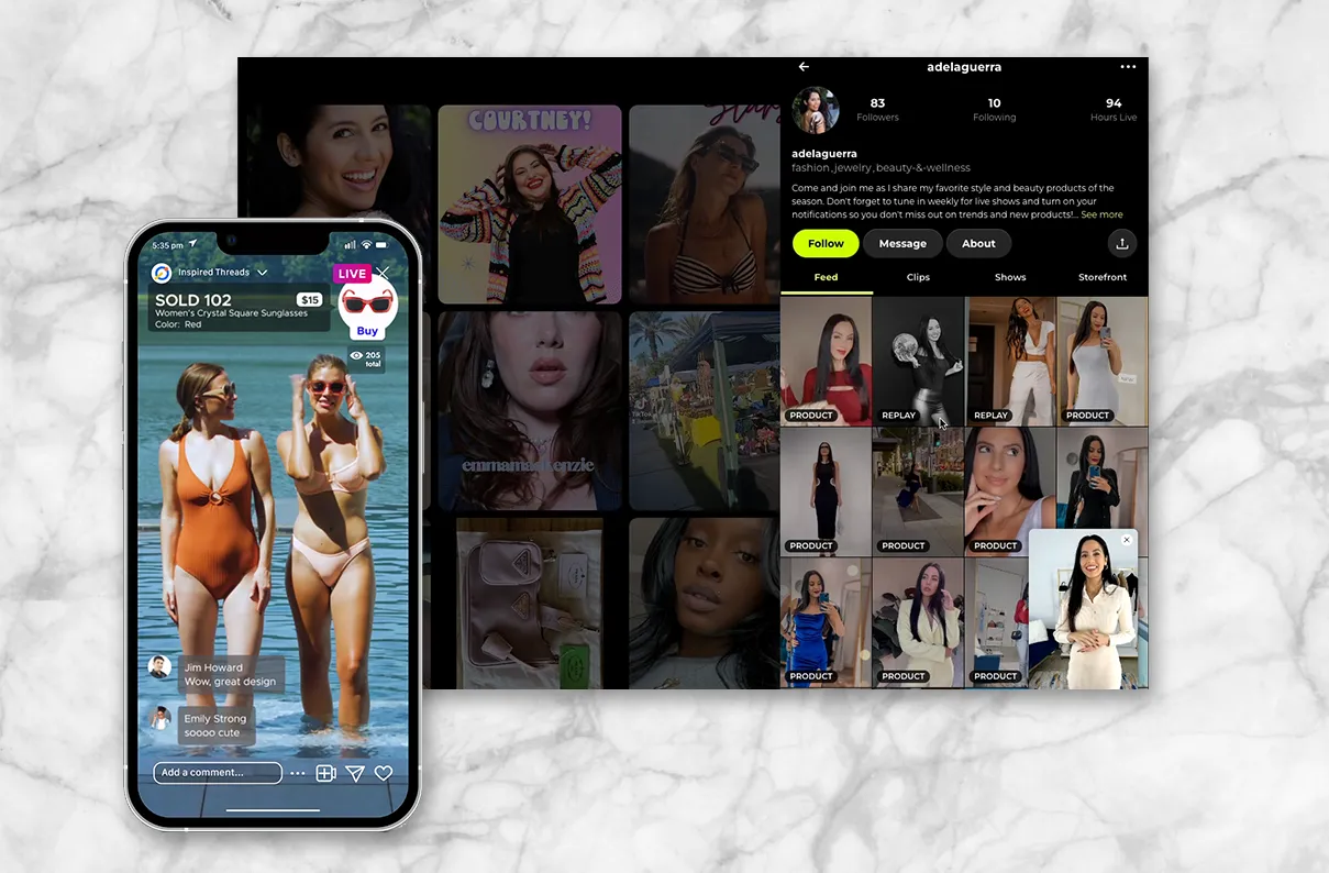 Shoppable fashion video on a phone beside a creator profile and video grid.