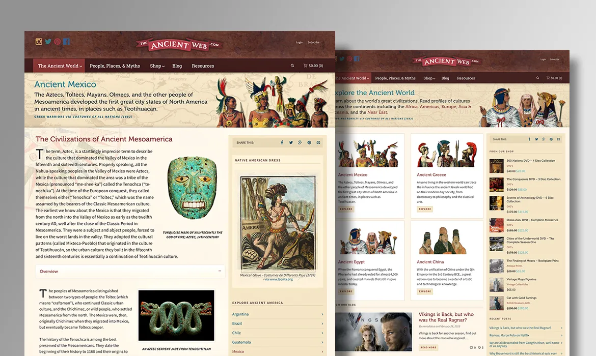 Archived Ancient Web pages combining civilization articles, cultural collections, and a shop sidebar.