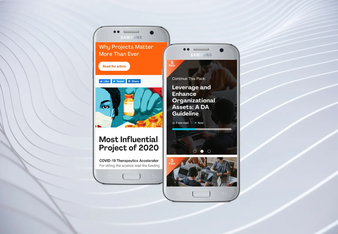 PMI project stories and professional-development article displayed on mobile screens.