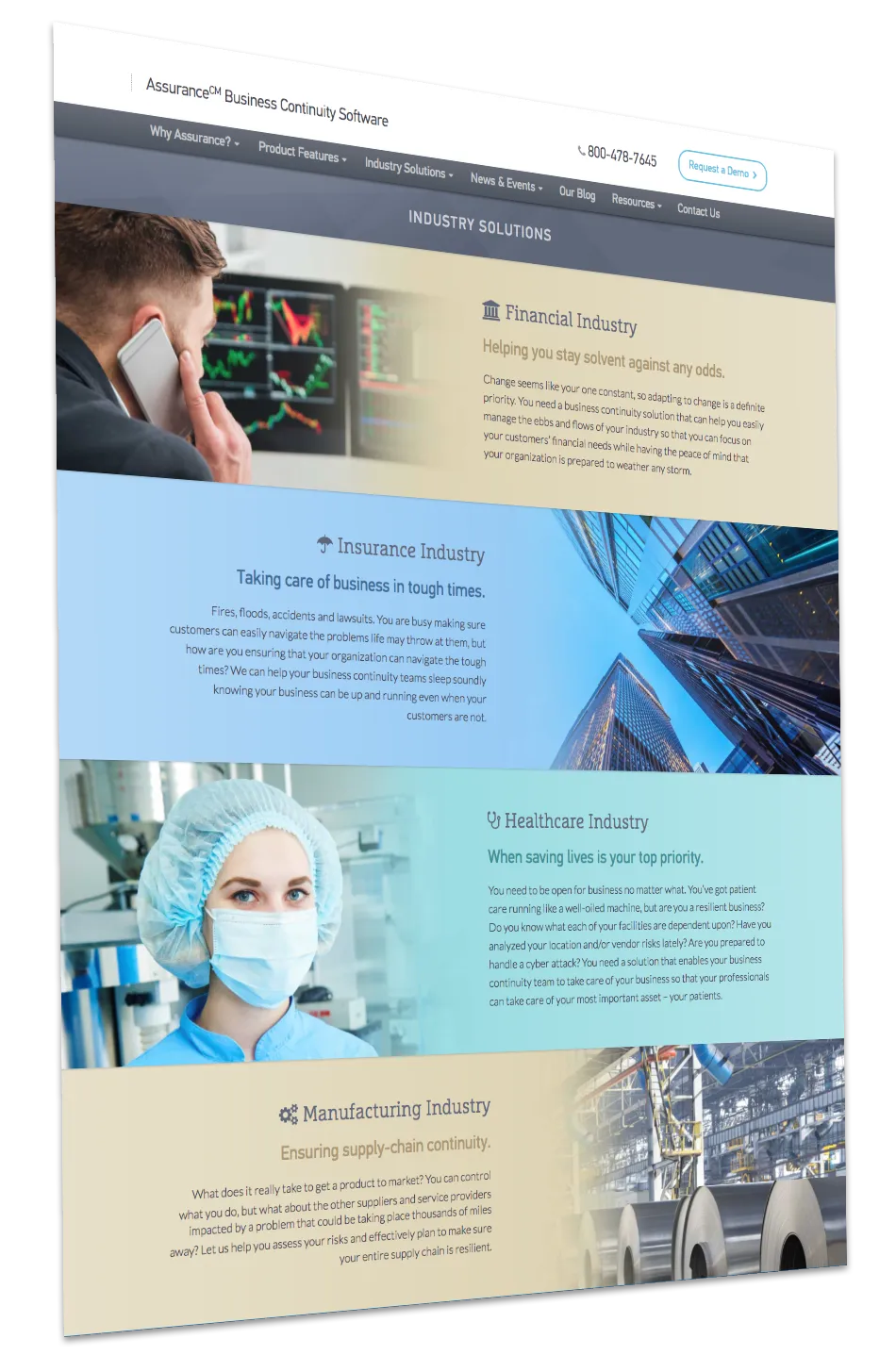 Assurance industry page with financial services, insurance, healthcare, and manufacturing sections.