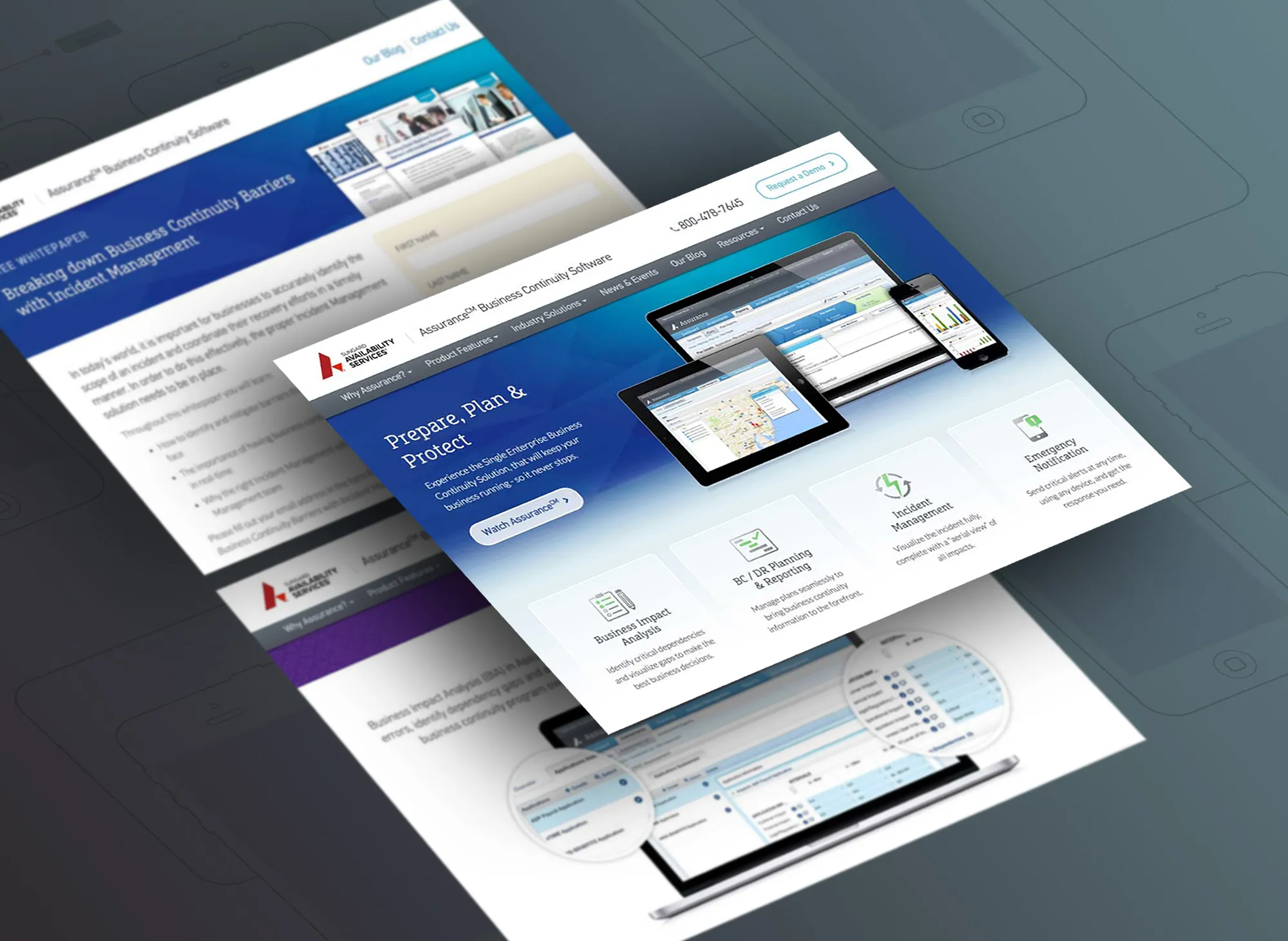 Assurance marketing website with product features, industry use cases, and a Request a Demo call to action.
