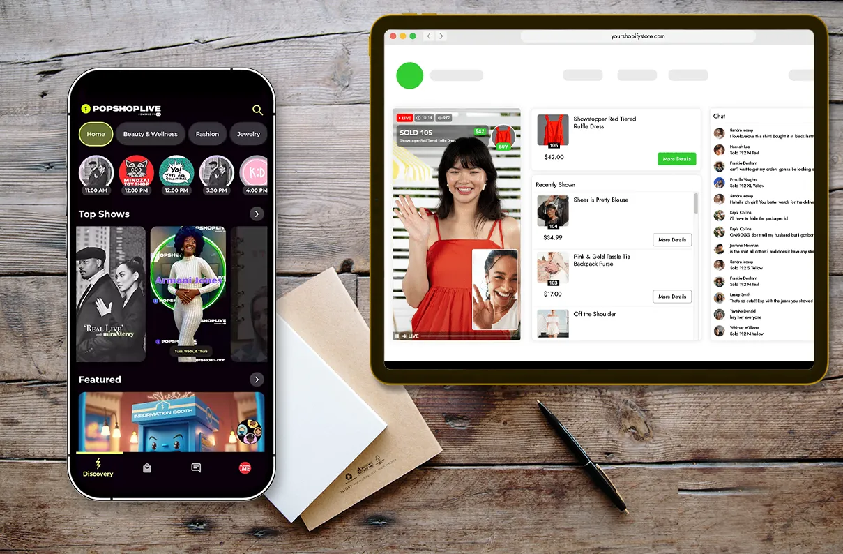 Popshop Live discovery screen on a phone beside a live-shopping video and chat on a tablet.