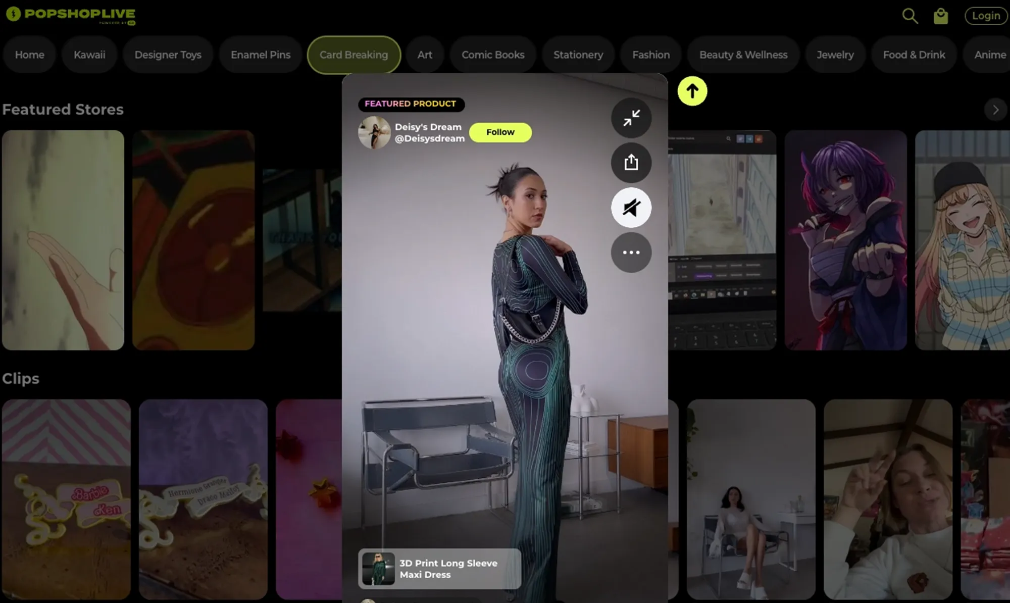 Popshop Live desktop discovery page with a featured product video overlay.